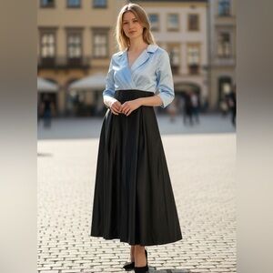 NWOT GORGEOUS SATIN LIGHT BLUE & BLACK COLLAR NECK SHIRT FORMAL EVENING GOWN 14